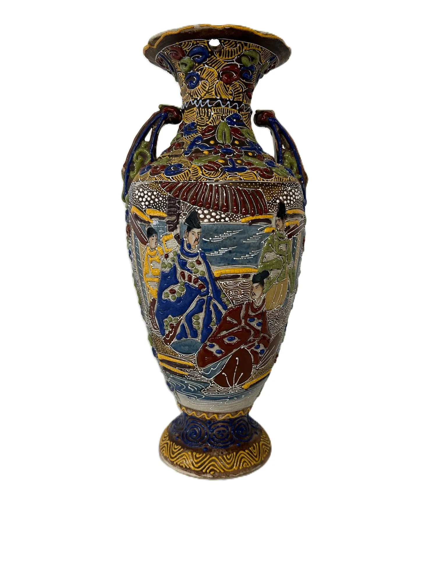 Antieke Japanse Satsuma Moriage Vaas met Scènes van Figuren