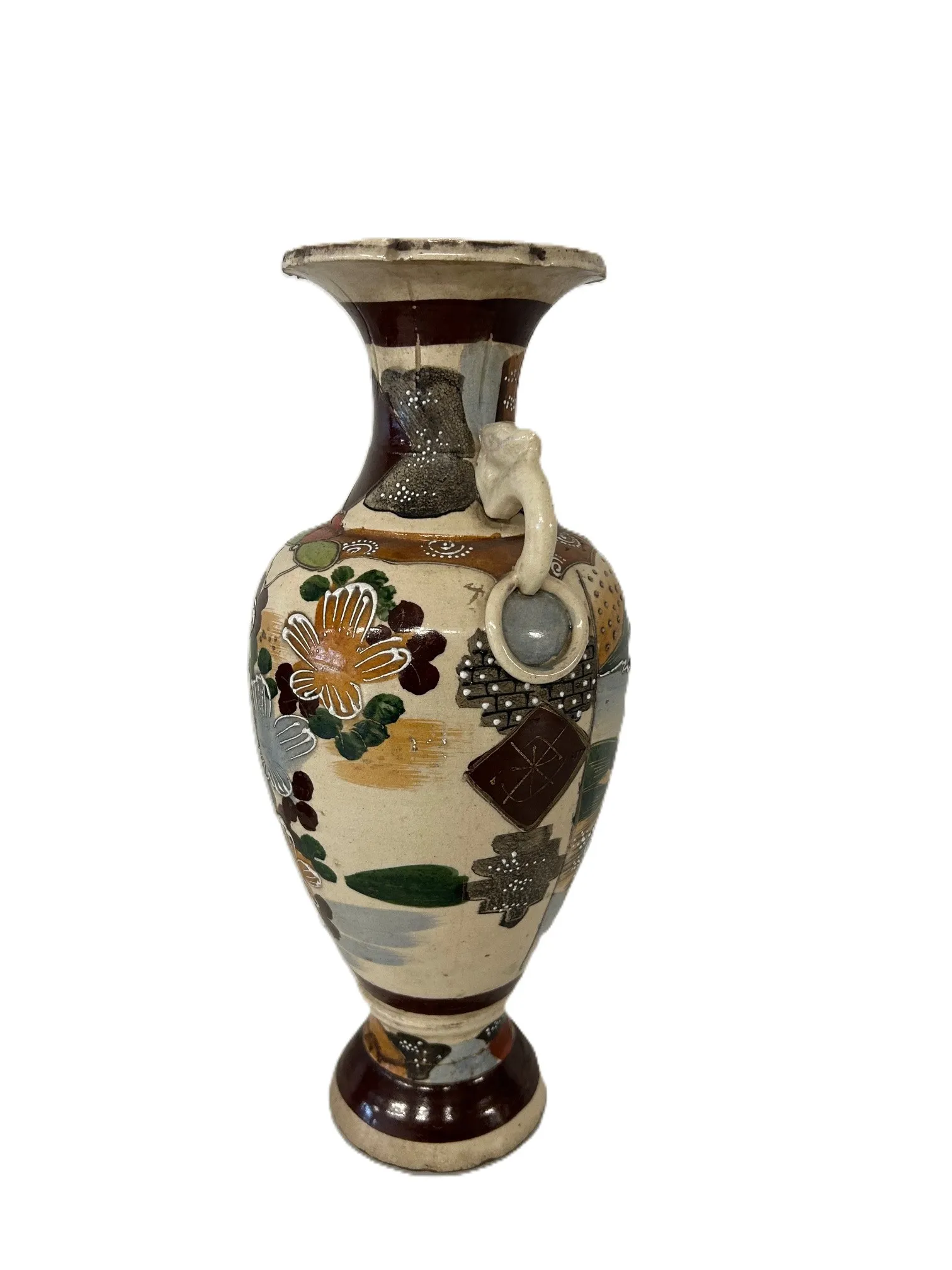 Antieke Japanse Satsuma Vaas met Samurai Scènes en Bloemmotieven - Afbeelding 2