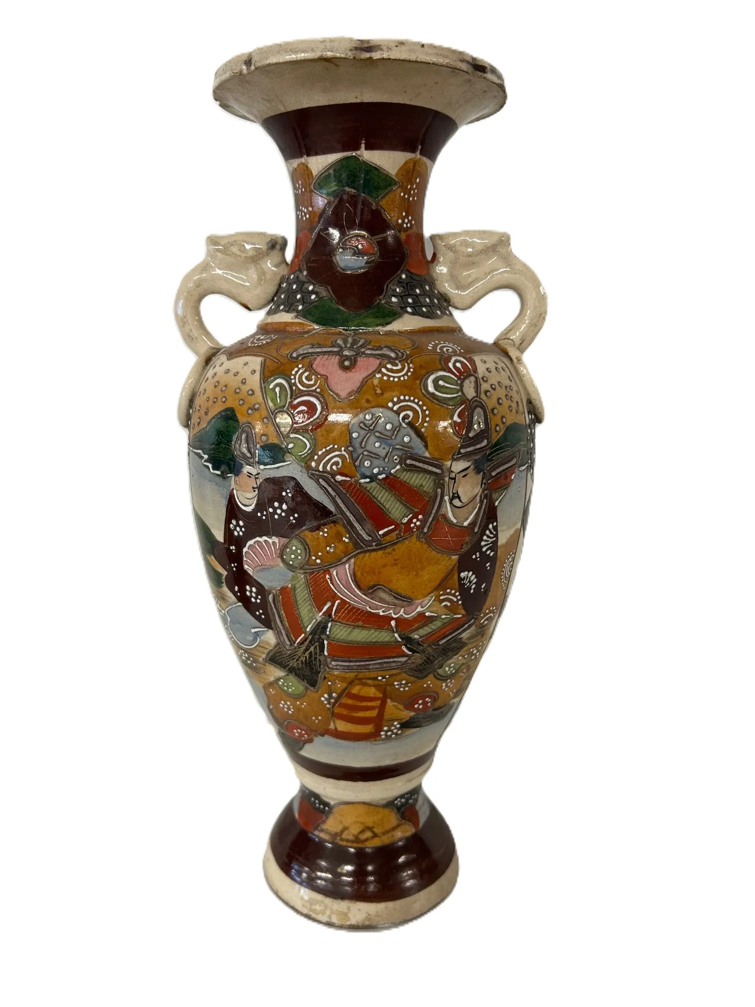 Antieke Japanse Satsuma Vaas met Samurai Scènes en Bloemmotieven